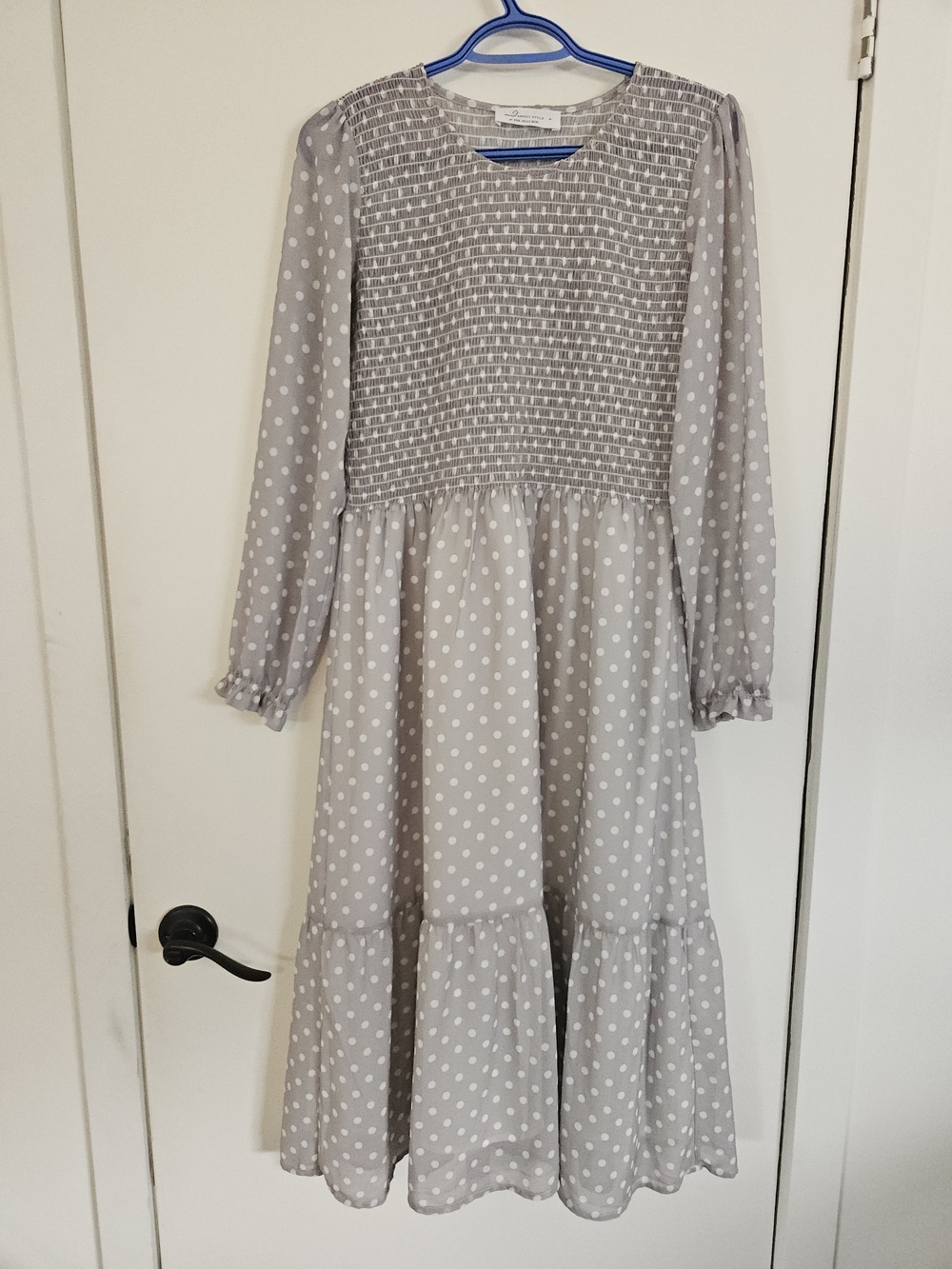 Mad About Style - Jillian Harris Smocked Polka Dot Midi Dress in Light Gray